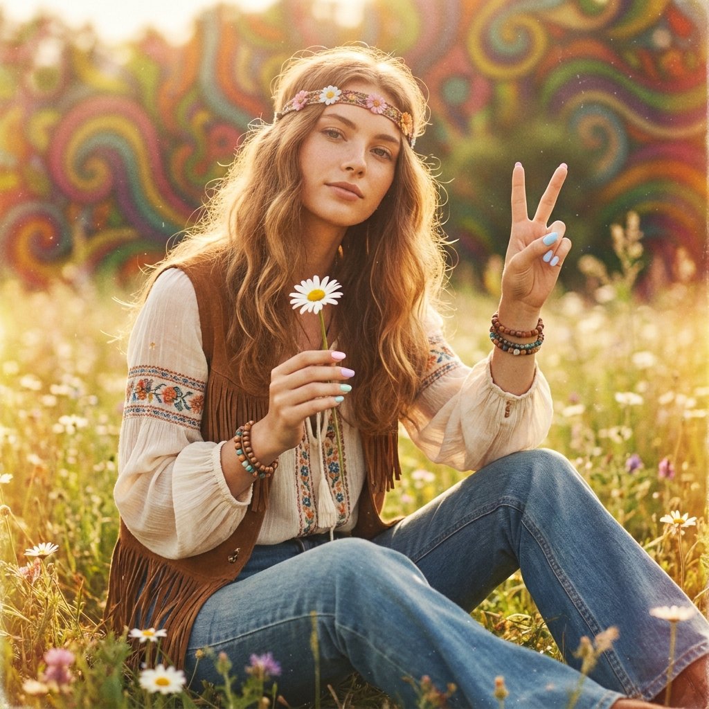 representación de una mujer hippie mostrando sus uñas